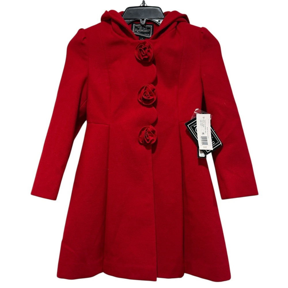 NWT Rothschild Long Pleated Dress Coat S 7/8 Hooded Red Rosettes Retro Paris